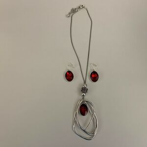 Women's Necklace Dangling Earrings Set Red Stone Silver-tone NWOT